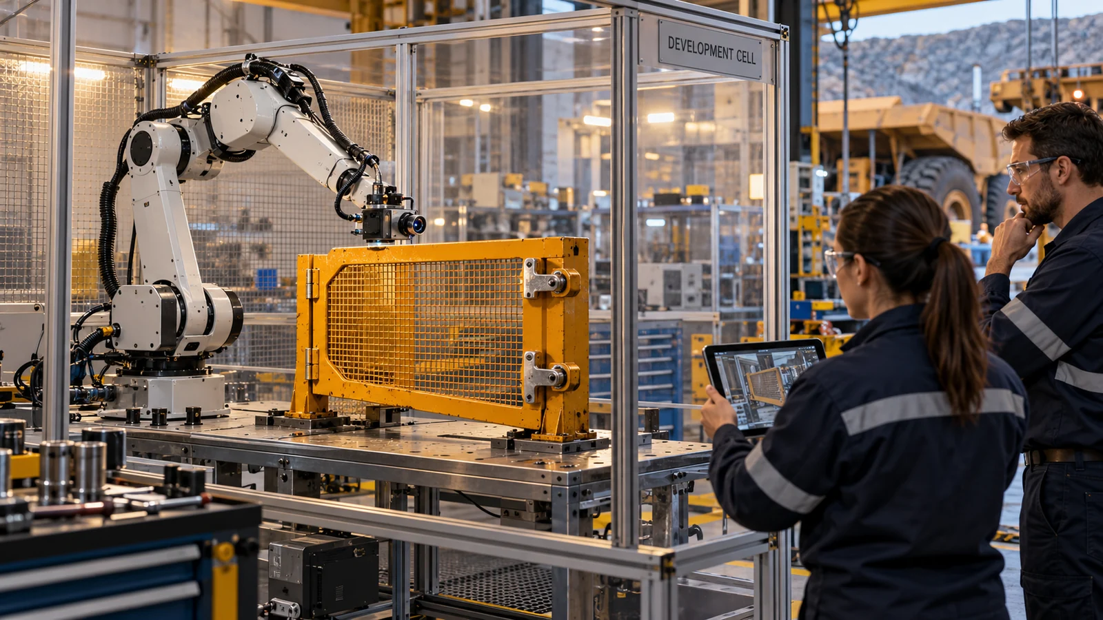 Engineers outside a guarded development cell supervise a camera-equipped robot inspecting an inert spare guard.