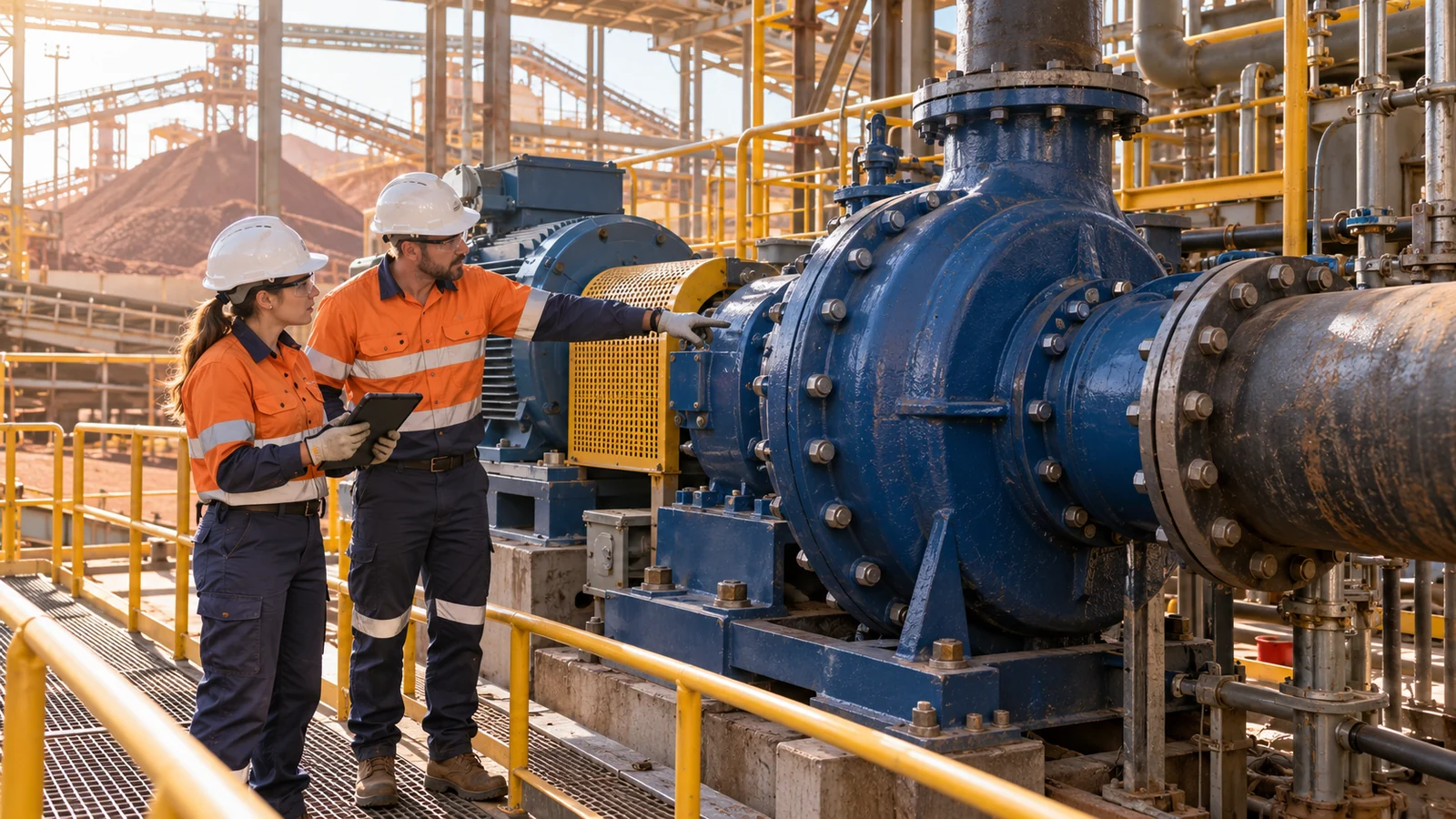 Two maintenance specialists inspect a large enclosed slurry pump and flange in a naturally lit processing plant.